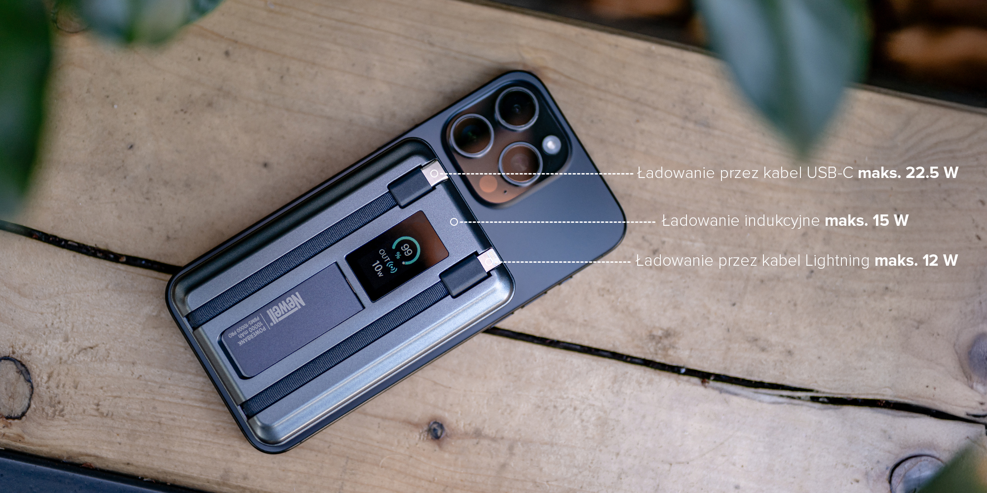 Power Bank Newell MS-10000 Pro MagSafe 10000 mAh Lightning, USB-C - szary